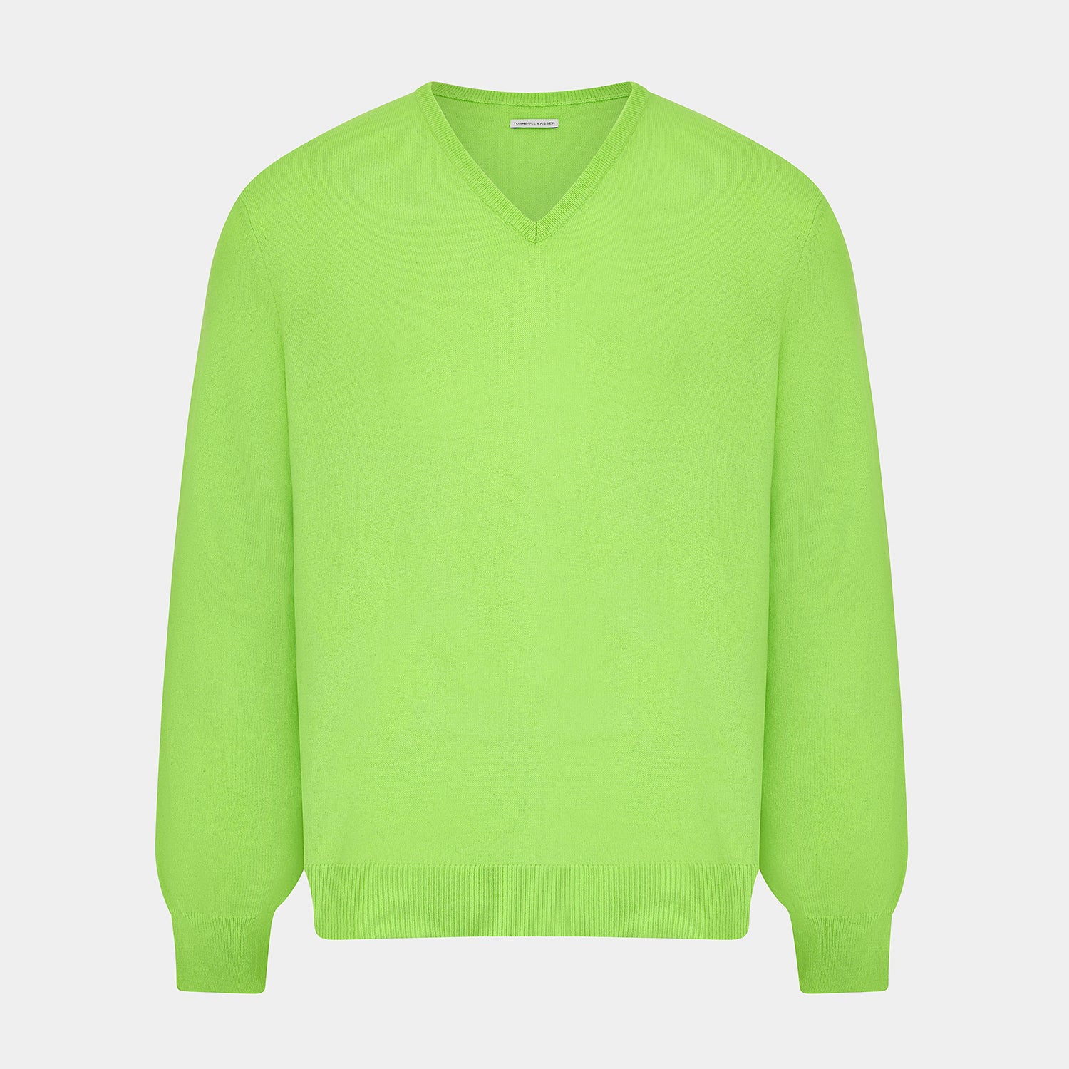 View 1 of product The Turnbull & Asser Bright Green Cashmere V-Neck Jumper, a long-sleeved knitwear piece, is showcased against a plain light gray background.