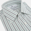View 2 of product The Forest Green Multi Stripe Mayfair Shirt by Turnbull & Asser features forest green and white vertical stripes, a collar and cuffs, and is crafted from Italian cotton, shown laid flat on a white background.