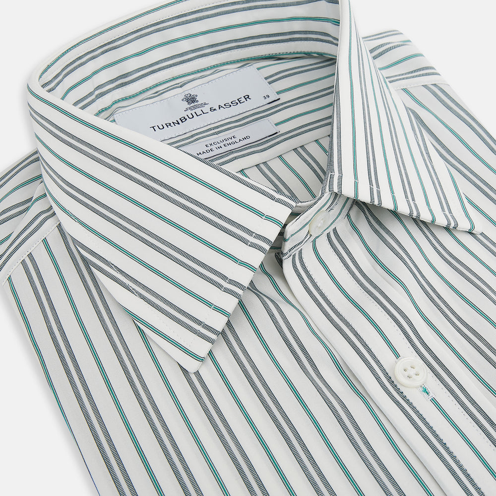 The Forest Green Multi Stripe Mayfair Shirt by Turnbull & Asser features forest green and white vertical stripes, a collar and cuffs, and is crafted from Italian cotton, shown laid flat on a white background.