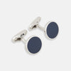 View 1 of product Turnbull & Asser’s Navy Circle Cufflinks feature round sterling silver with deep navy faces, shown on a white background—a classic men’s accessory.