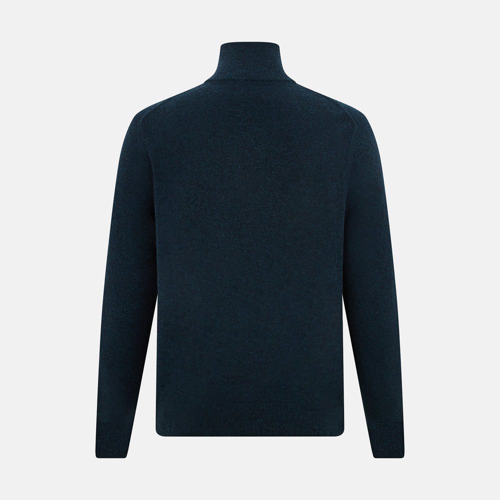 A dark green melange cashmere half-zip jumper by Turnbull & Asser, featuring a long-sleeve, mock neck design with a simple, classic look and no visible patterns or logos, displayed against a plain white background.