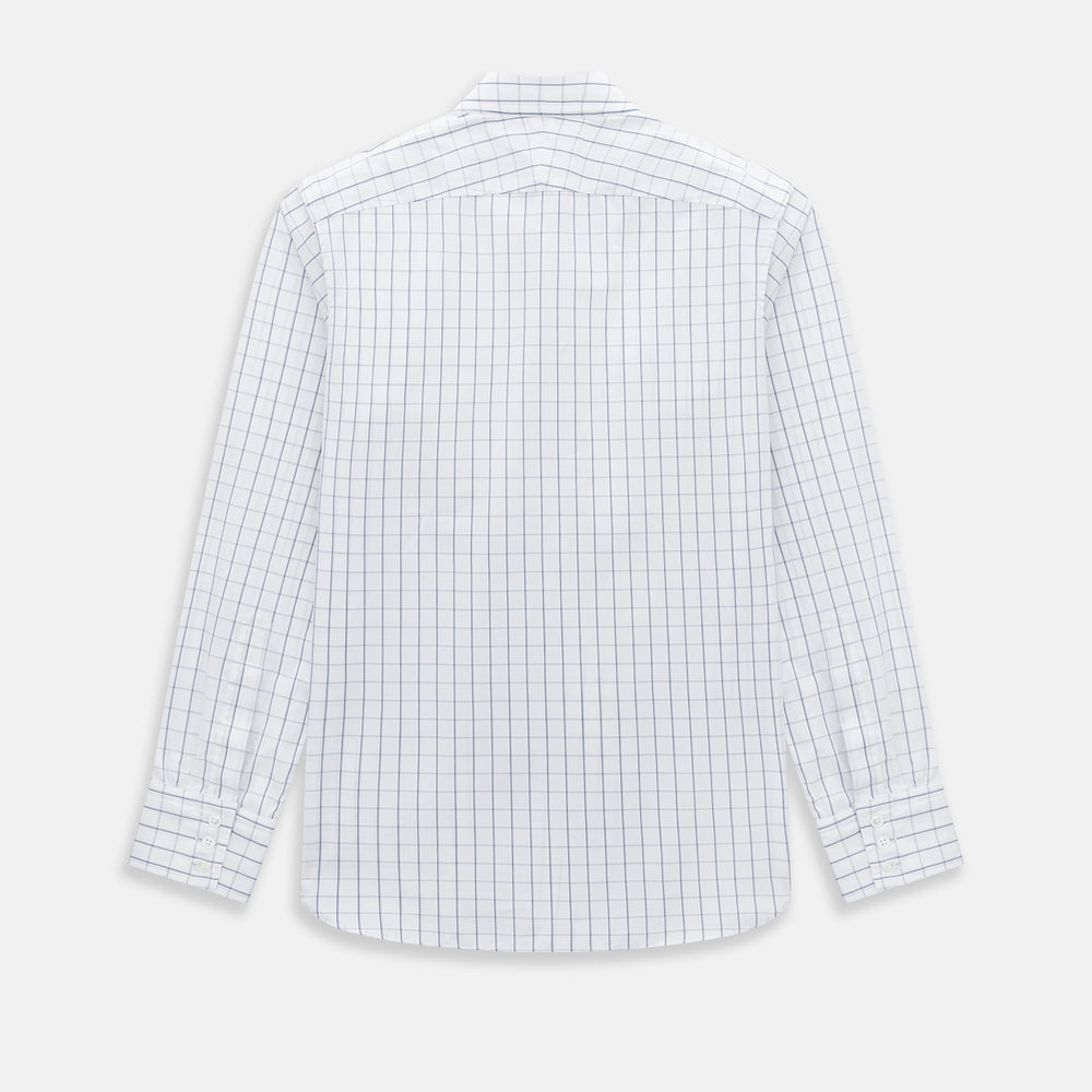 A Dark Navy Double-Line Checked Westminster Shirt by Turnbull & Asser, featuring button-down front, pointed collar, and buttoned cuffs—displaying British craftsmanship—laid flat on a white background.