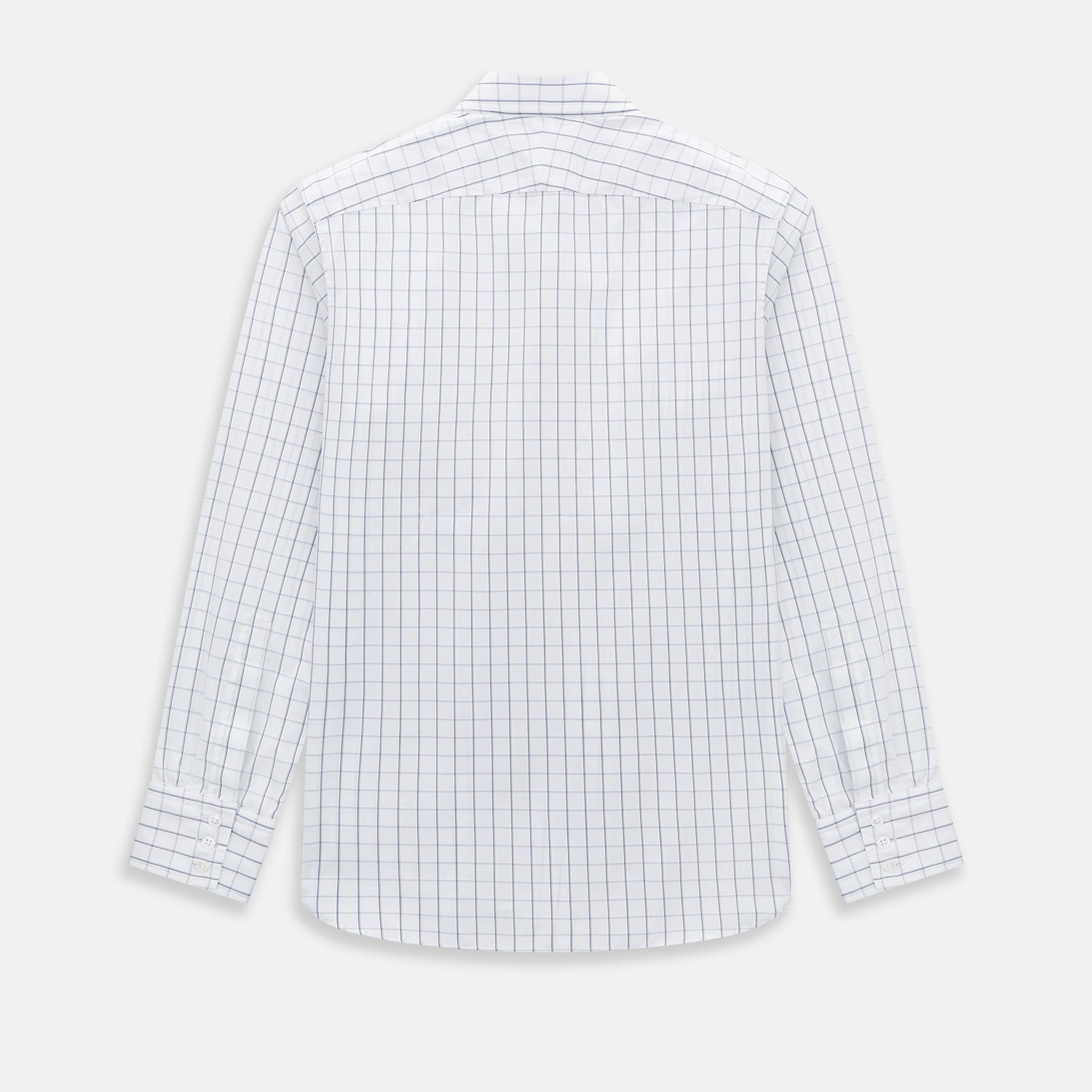 View 3 of product A Dark Navy Double-Line Checked Westminster Shirt by Turnbull & Asser, featuring button-down front, pointed collar, and buttoned cuffs—displaying British craftsmanship—laid flat on a white background.