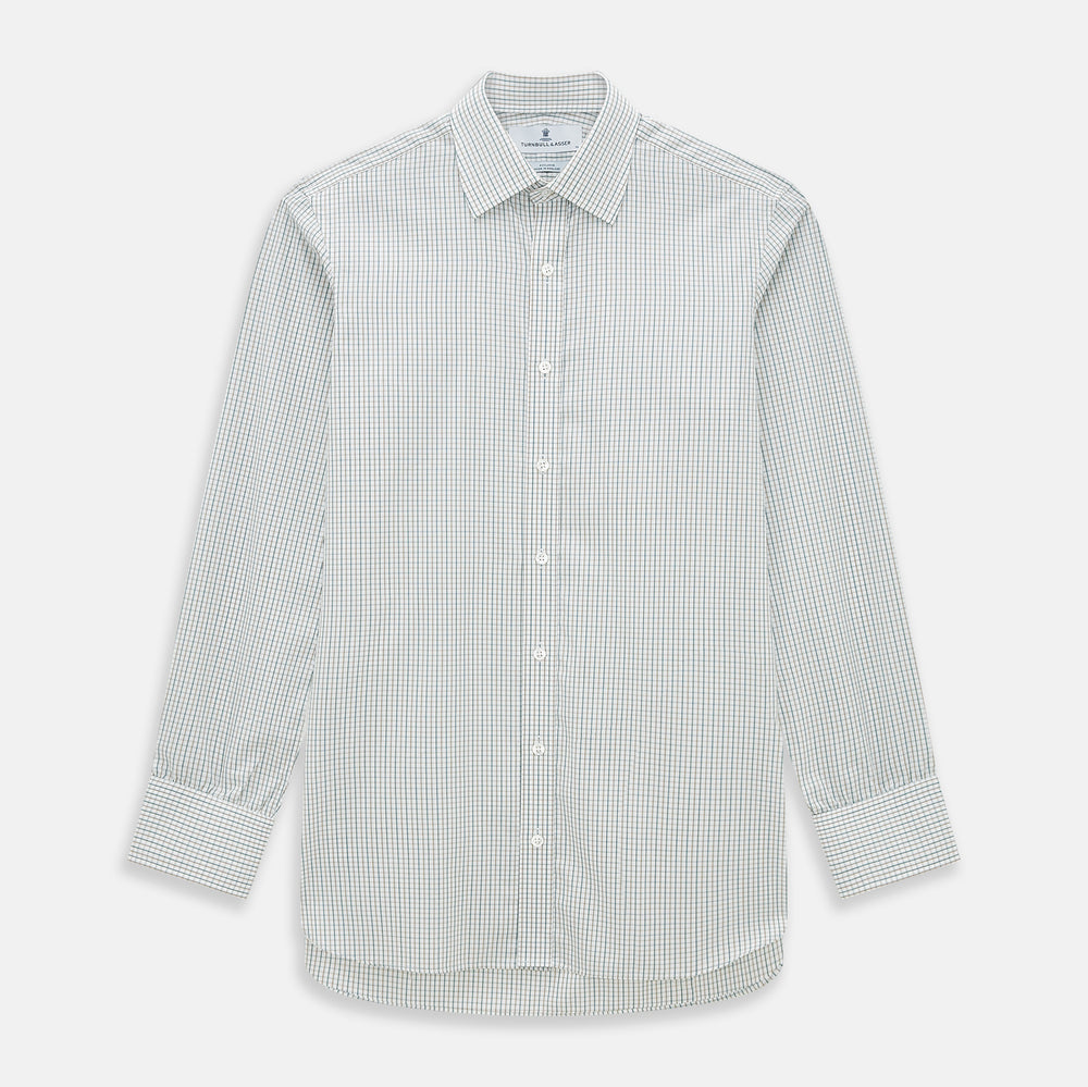 The Green and Brown Multi Check Mayfair Shirt by Turnbull & Asser, crafted from Italian cotton with a classic collar and buttoned cuffs, is laid flat on a white background.