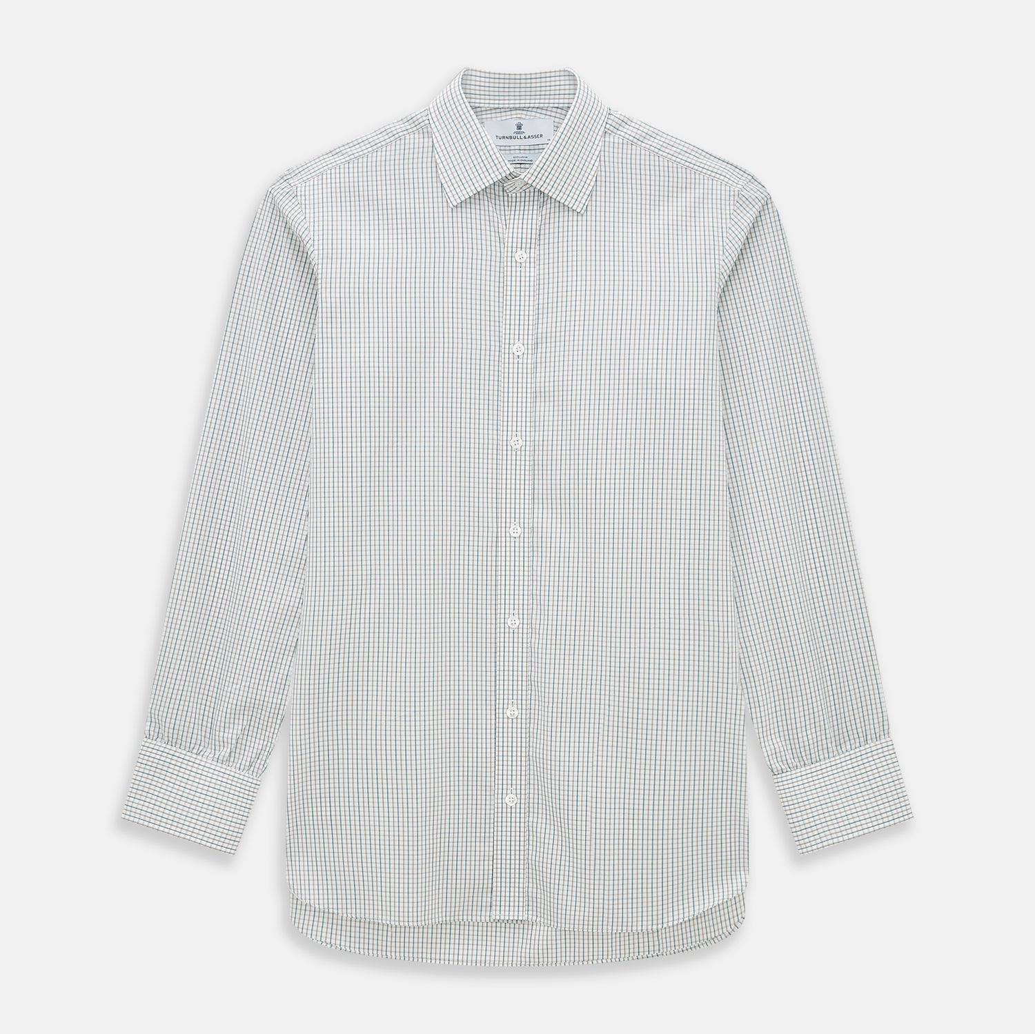 View 1 of product The Green and Brown Multi Check Mayfair Shirt by Turnbull & Asser, crafted from Italian cotton with a classic collar and buttoned cuffs, is laid flat on a white background.