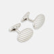 Turnbull & Asser Silver Striped Oval Cufflinks feature a classic diagonal pattern on a silver oval face, displayed against a plain white background.