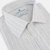 View 2 of product The Turnbull & Asser Red and Blue Double Pinstripe Mayfair Shirt features long sleeves, a collar, and button-up front, crafted from fine Italian cotton, displayed on a plain white background.