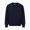 View 5 of product The Turnbull & Asser Navy Fine Merino V-Neck Jumper is displayed against a white background, featuring ribbed cuffs and hem for timeless style in a classic, plain long-sleeve design.