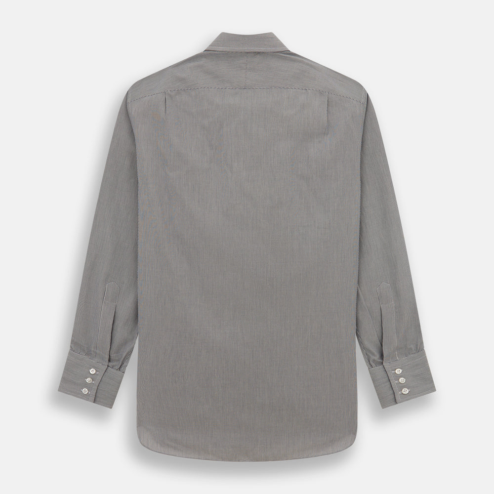 The Turnbull & Asser Navy Fine Stripe Mayfair Shirt, a long-sleeve, button-up with a classic collar, features fine navy stripes and white buttons, shown laid flat on a white background.