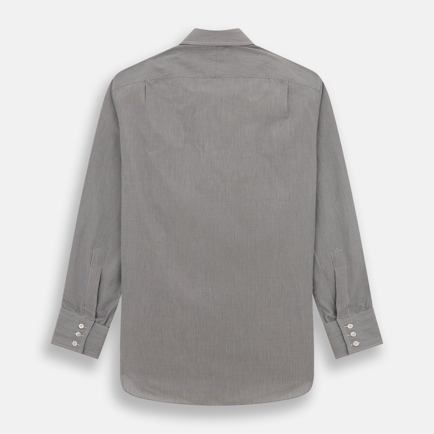 View 3 of product The Turnbull & Asser Navy Fine Stripe Mayfair Shirt, a long-sleeve, button-up with a classic collar, features fine navy stripes and white buttons, shown laid flat on a white background.