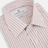 View 2 of product The Turnbull & Asser Red Graph Check Mayfair Shirt features a classic collar and buttoned cuffs, with red and blue stripes on white, ideal for formal wear. Laid flat on a white surface.