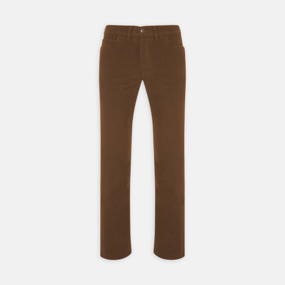 A pair of yellow cotton plain 5 pocket jeans by Turnbull & Asser, featuring a button and zip closure, displayed on a plain white background.