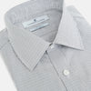 View 2 of product The Midnight Blue Micro Tattersall Check Mayfair Shirt by Turnbull & Asser, made from pure cotton with white buttons, a classic collar, and cuffed sleeves, is laid flat on a white background.
