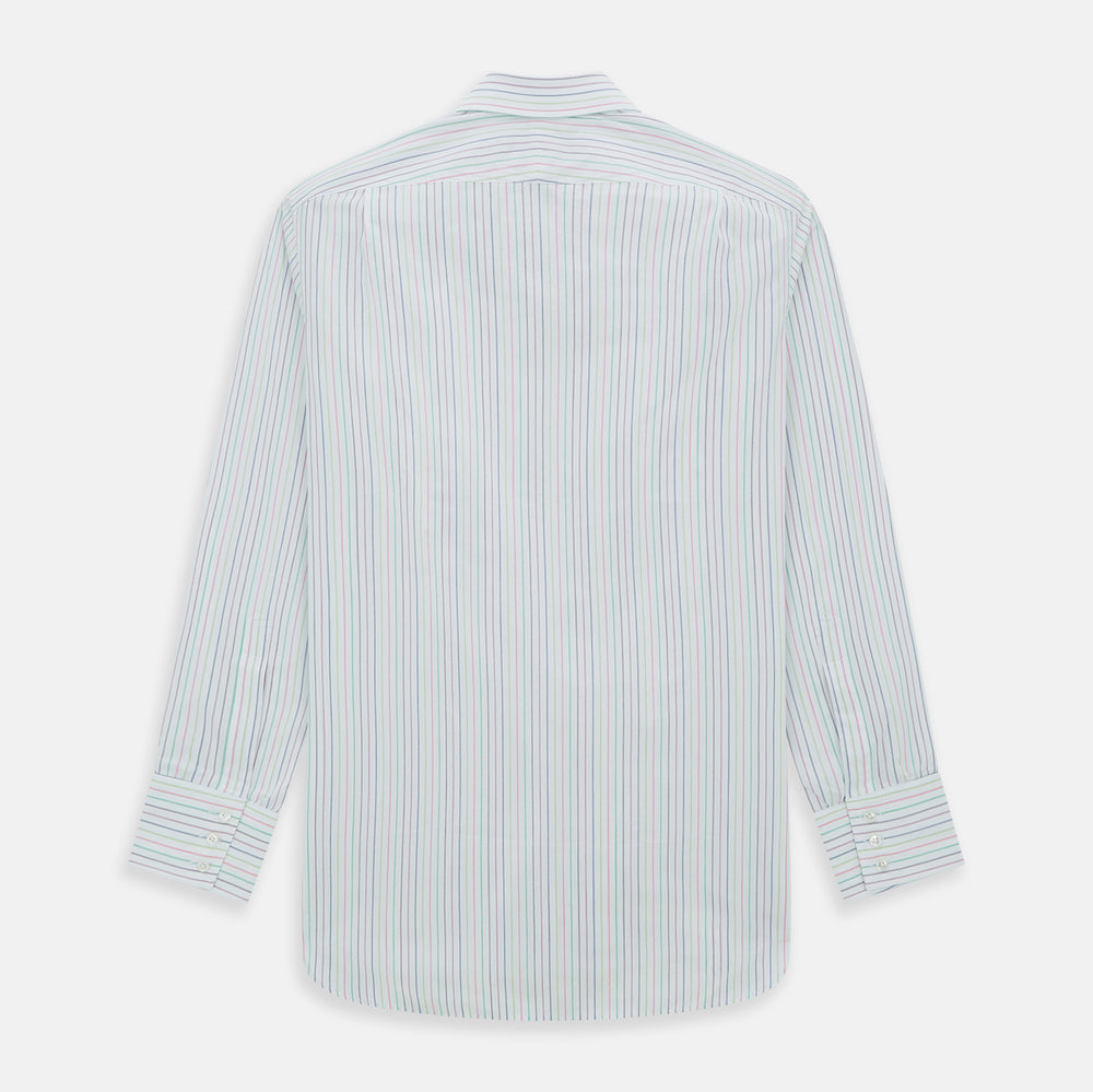 The Turnbull & Asser Multicoloured Double Pinstripe Mayfair Shirt, made from organic cotton, features thin blue, green, and pink stripes on white and is displayed laid flat on a white surface.