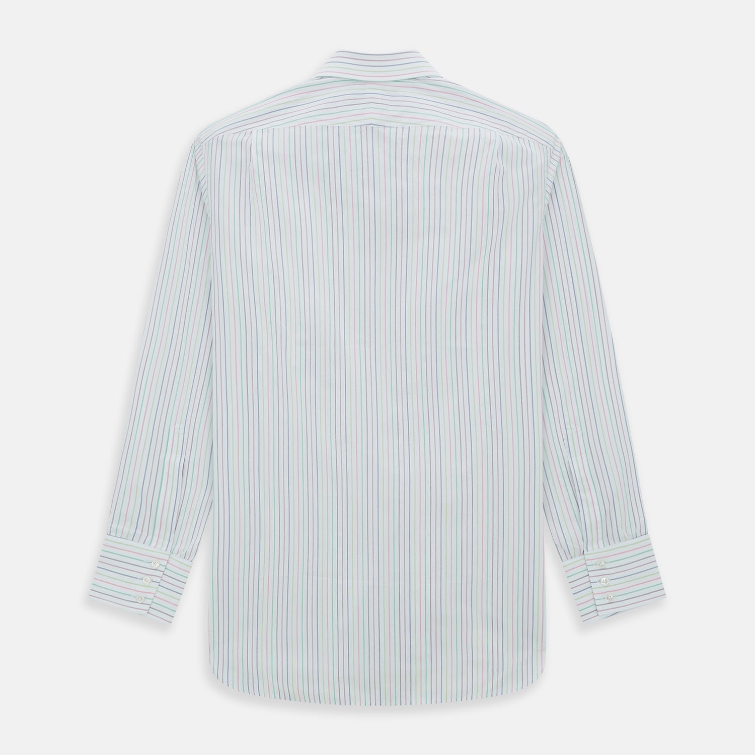 View 3 of product The Turnbull & Asser Multicoloured Double Pinstripe Mayfair Shirt, made from organic cotton, features thin blue, green, and pink stripes on white and is displayed laid flat on a white surface.