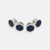 View 1 of product Turnbull & Asser's Navy Circle Dress Studs, a set of four sterling silver cufflinks with dark blue oval faces, are the ideal gentleman's accessory—timelessly sophisticated and perfect for elevating any formal look.