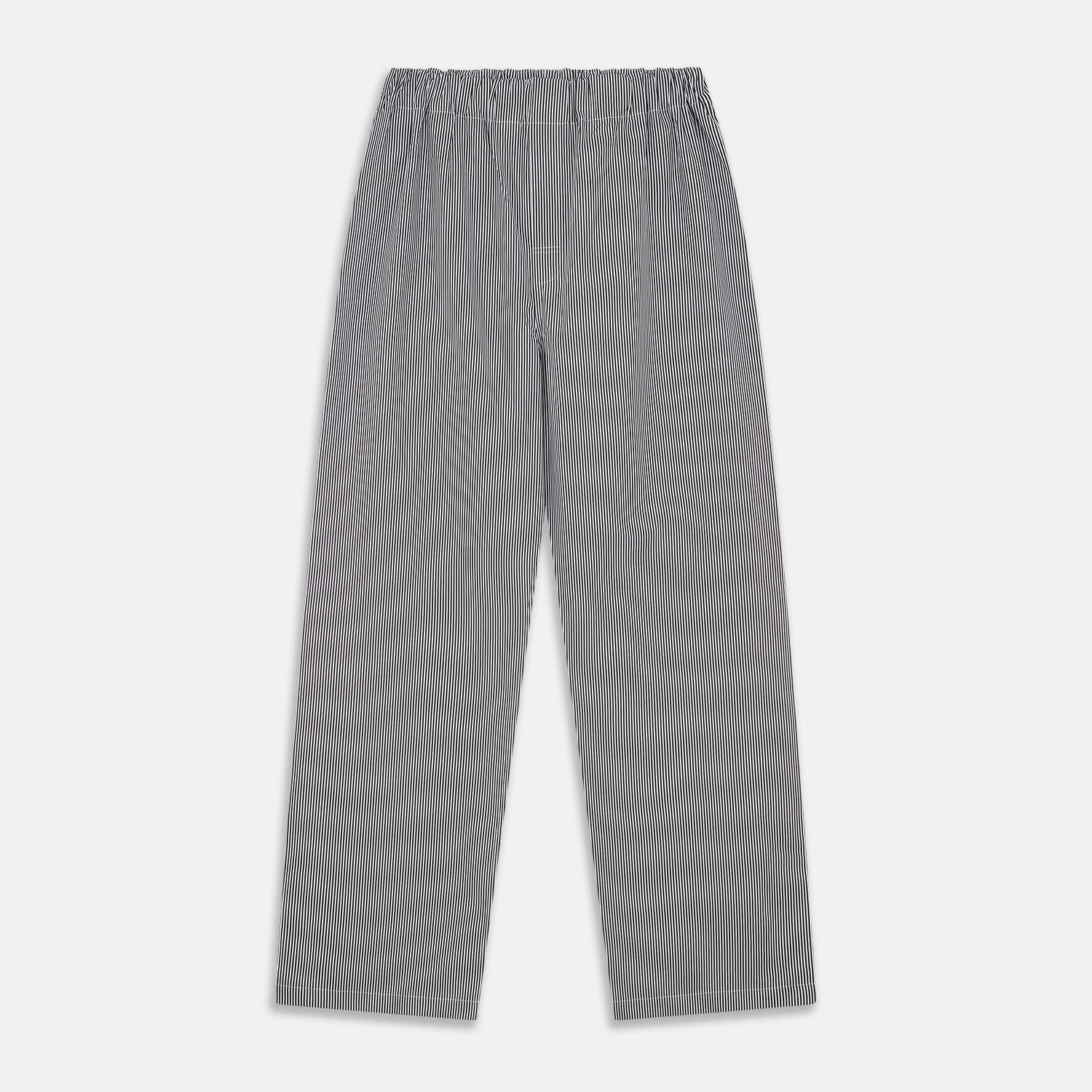 View 3 of product The Turnbull & Asser Black Candy Stripe Cotton Hyde Pyjama Set for men features soft cotton striped pajamas with a long-sleeve, button-up shirt detailed with black piping and three pockets, plus matching pants, both laid flat on a white background.