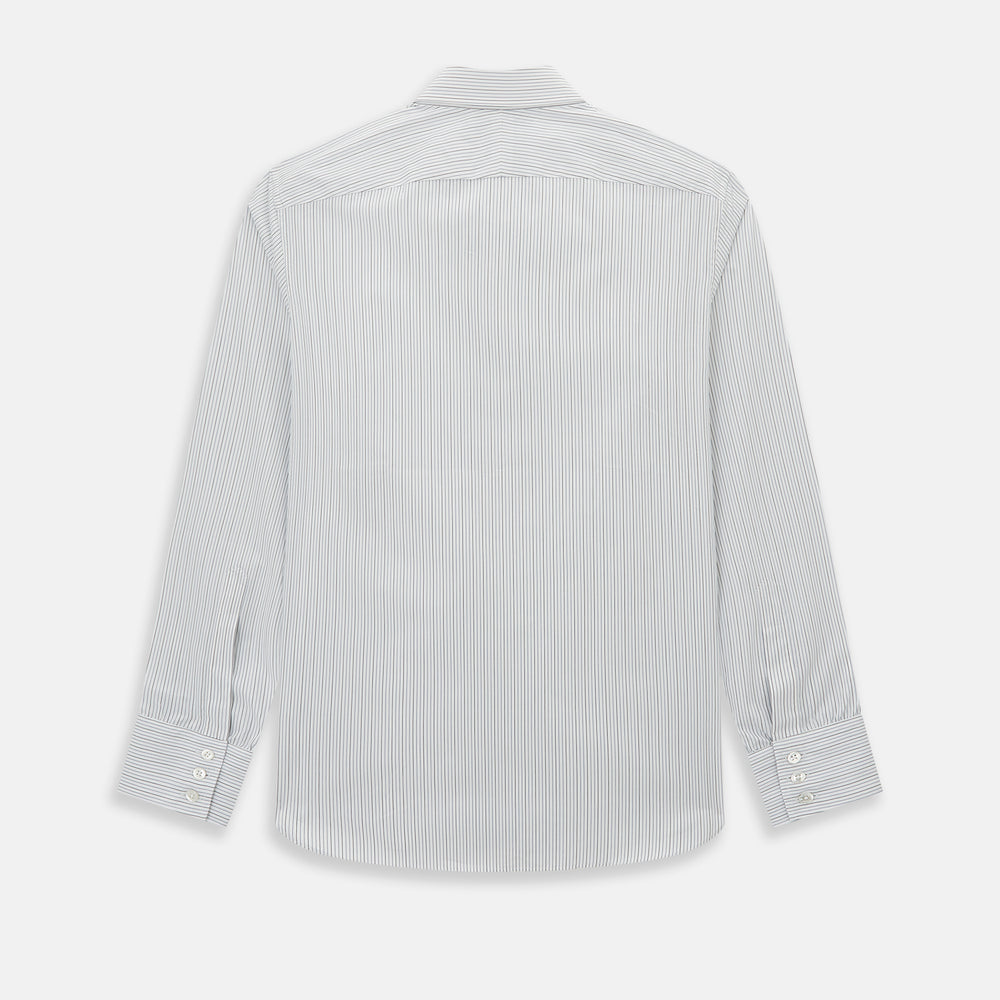 The Turnbull & Asser Grey and Blue Pinstripe Westminster Shirt features fine stripes, a classic collar, and buttoned cuffs—showcasing signature British craftsmanship against a plain white backdrop.