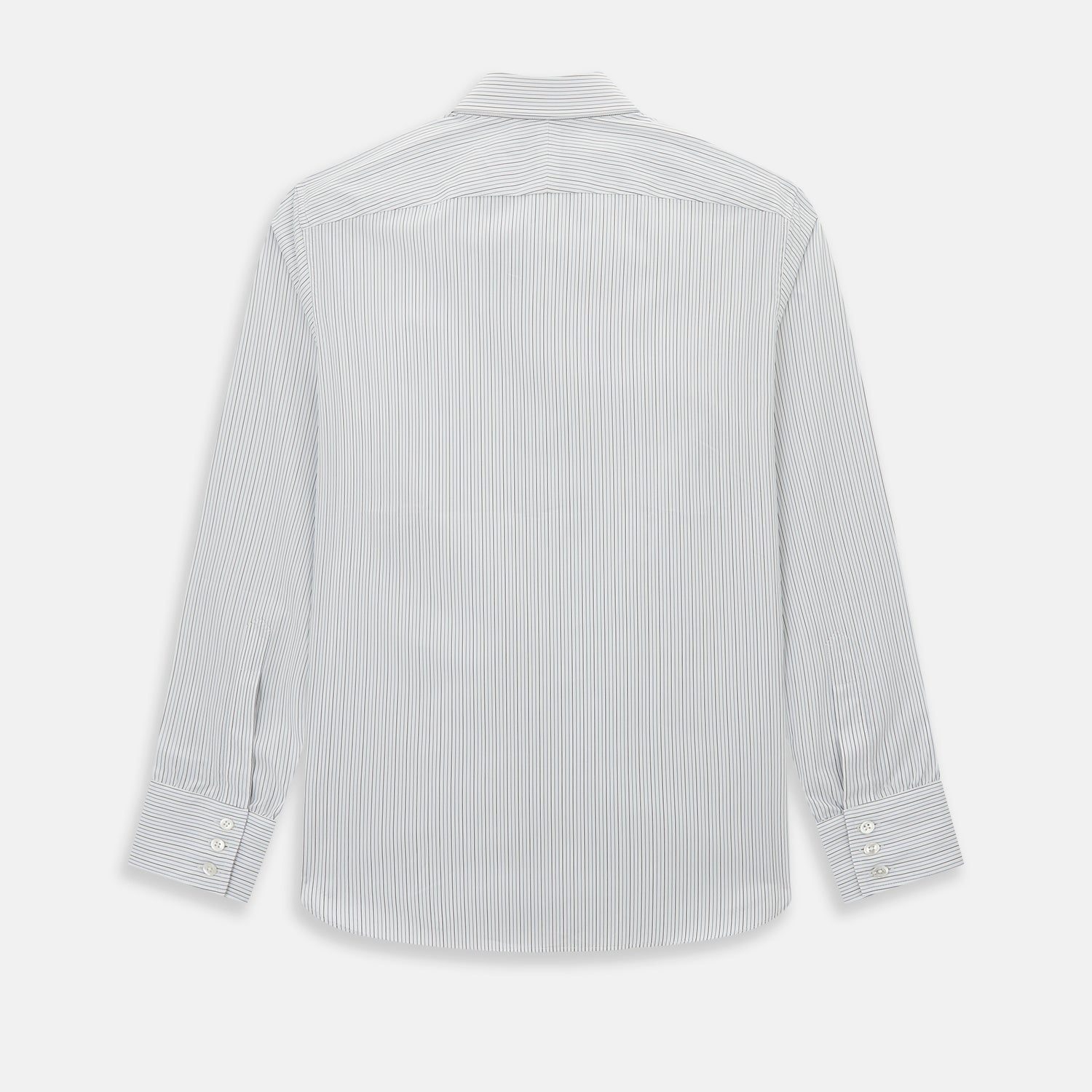 View 3 of product The Turnbull & Asser Grey and Blue Pinstripe Westminster Shirt features fine stripes, a classic collar, and buttoned cuffs—showcasing signature British craftsmanship against a plain white backdrop.