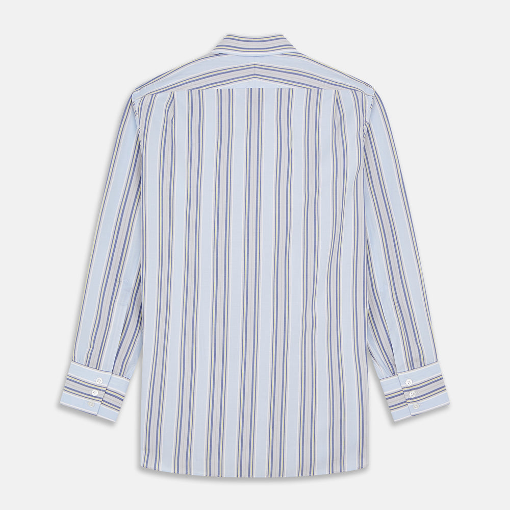 The Turnbull & Asser Pale Blue and Yellow Stripe Cotton Regular Fit Mayfair Shirt is a long-sleeve, button-down formal shirt for men, shown on a plain white background.
