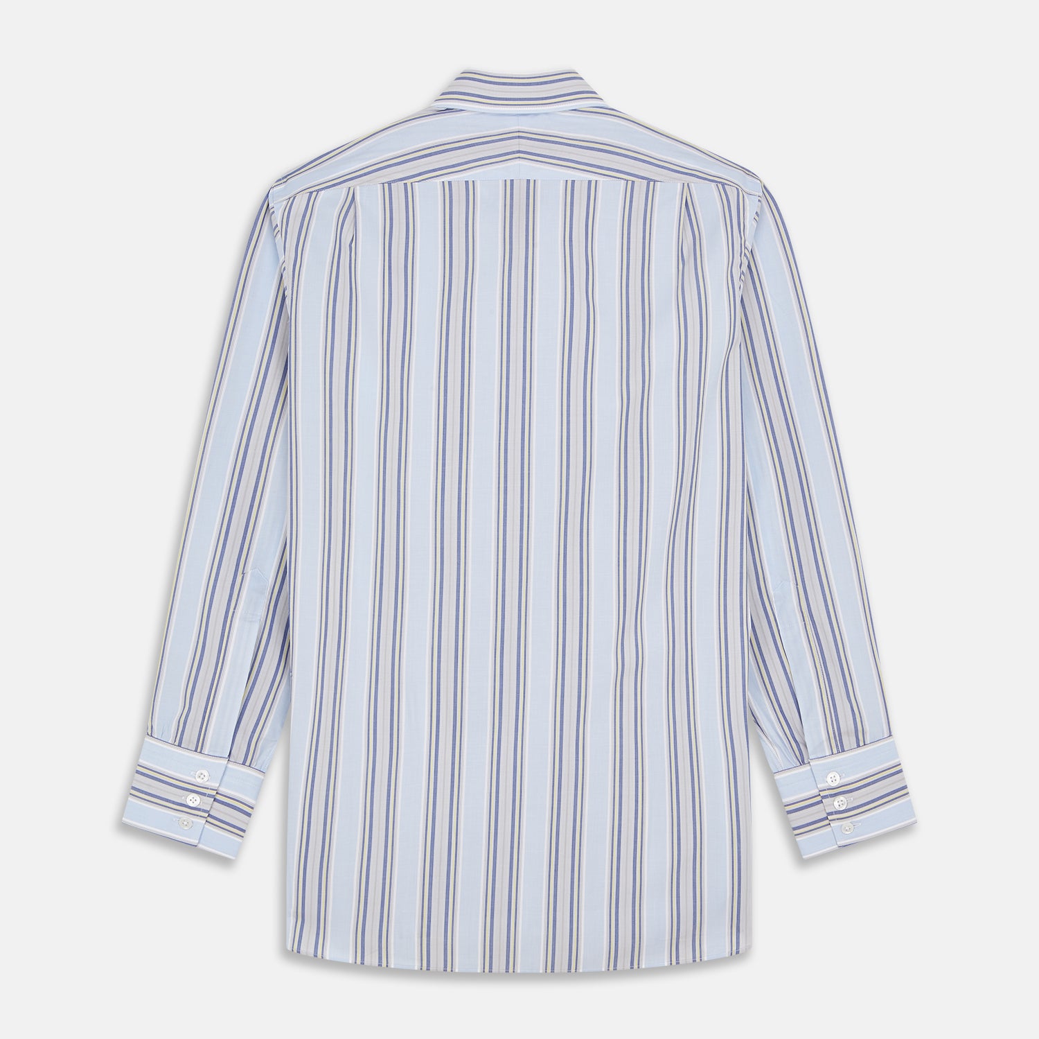 View 5 of product The Turnbull & Asser Pale Blue and Yellow Stripe Cotton Regular Fit Mayfair Shirt is a long-sleeve, button-down formal shirt for men, shown on a plain white background.