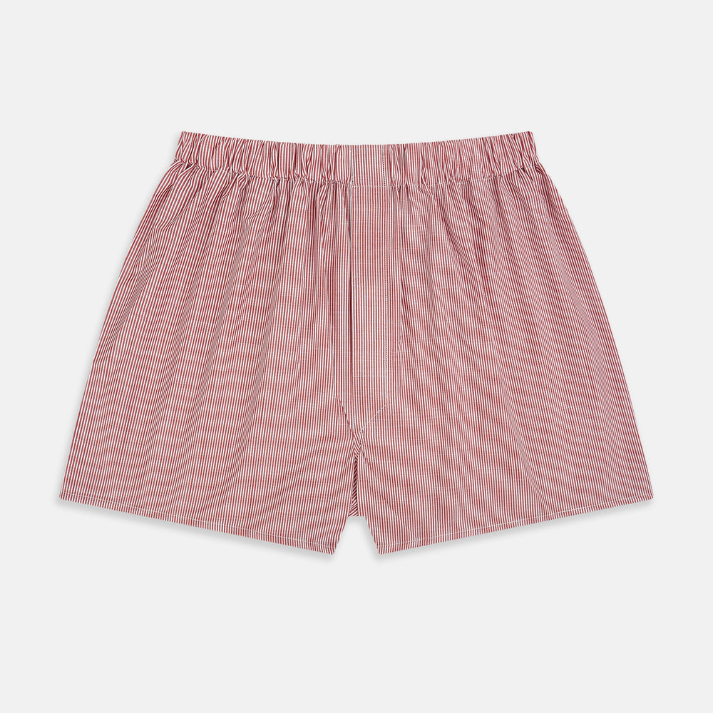 Turnbull & Asser Red Fine Bengal Stripe Godfrey Boxer Shorts, made from premium Italian cotton with an elastic waistband, shown flat against a white background.