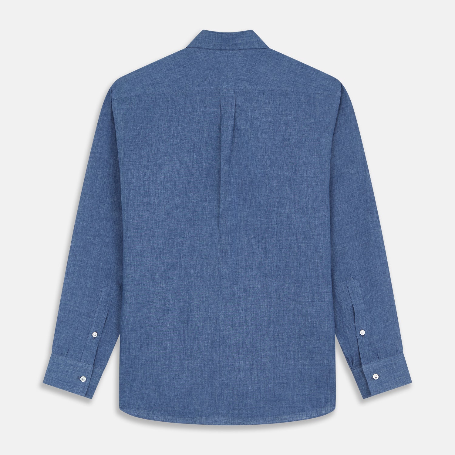 View 3 of product The Blue Weekend Fit Linen Finch Shirt by Turnbull & Asser features a Derby collar, chest pocket, and white buttons. Made from mid-blue linen chambray, it offers effortless casual style when laid flat on a plain white background.