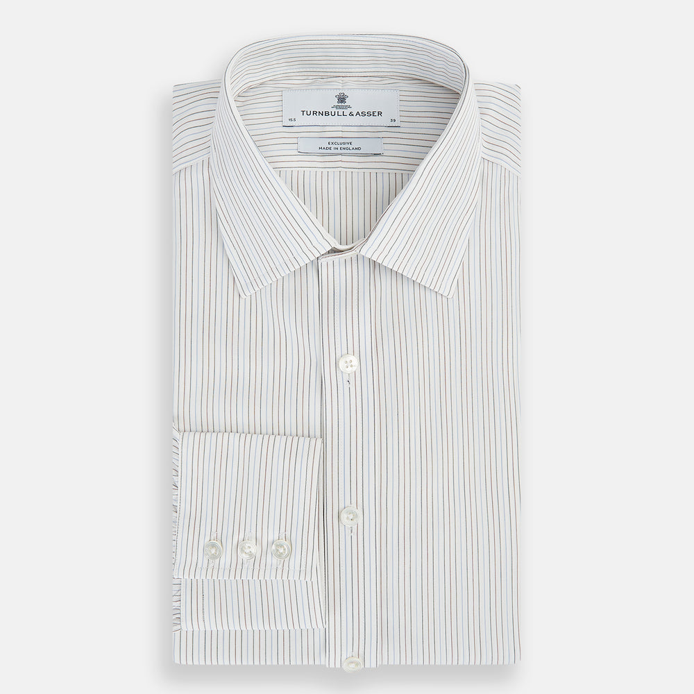 The Turnbull & Asser Red and Blue Double Pinstripe Mayfair Shirt features long sleeves, a collar, and button-up front, crafted from fine Italian cotton, displayed on a plain white background.