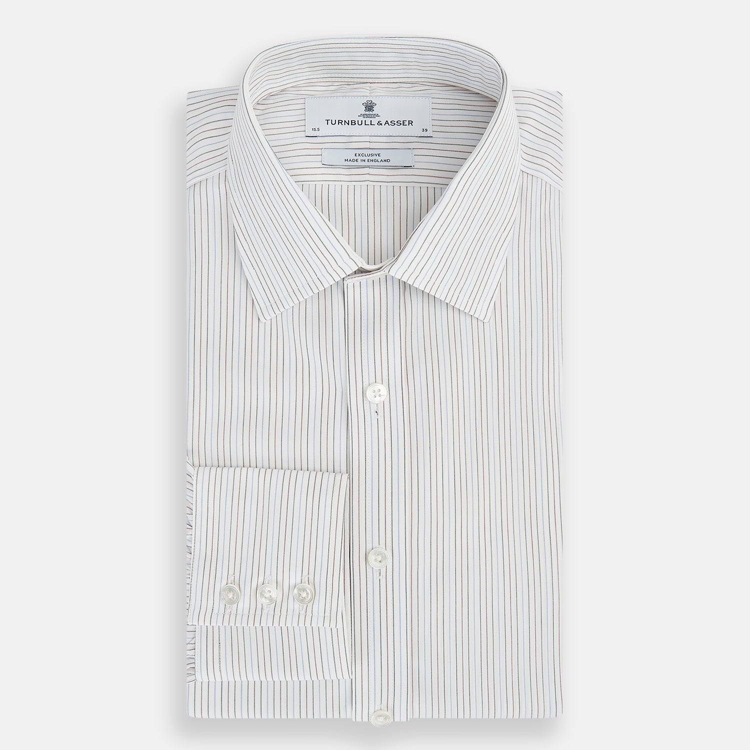 View 5 of product The Turnbull & Asser Red and Blue Double Pinstripe Mayfair Shirt features long sleeves, a collar, and button-up front, crafted from fine Italian cotton, displayed on a plain white background.