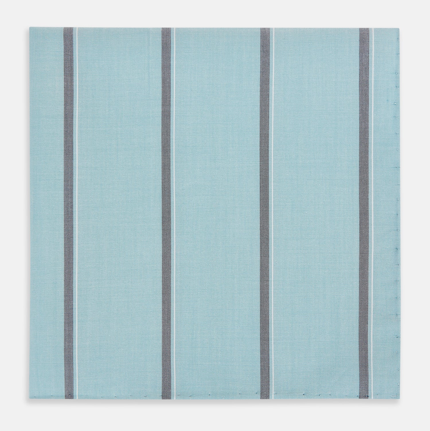 View 1 of product The Turnbull & Asser Light Sage Track Stripe Hand-Rolled Handkerchief features vertical thin white and thicker dark gray stripes, neatly folded with a simple modern design, made in England.