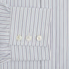 View 3 of product The Blue Double Pinstripe Mayfair Shirt by Turnbull & Asser is made from organic cotton with thin blue and white stripes, a pointed collar, and buttoned cuffs—perfect for elevating your workweek rotation.