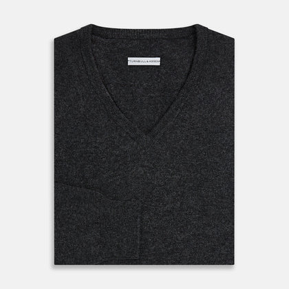 Charcoal Grey Melange V-Neck Cashmere Jumper Image 3