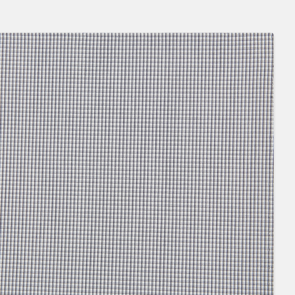 The Turnbull & Asser Navy Blue Shadow Grid Check Hand-Rolled Handkerchief showcases a small, evenly spaced blue and white check pattern and hand-rolled edges, neatly displayed against a white background.