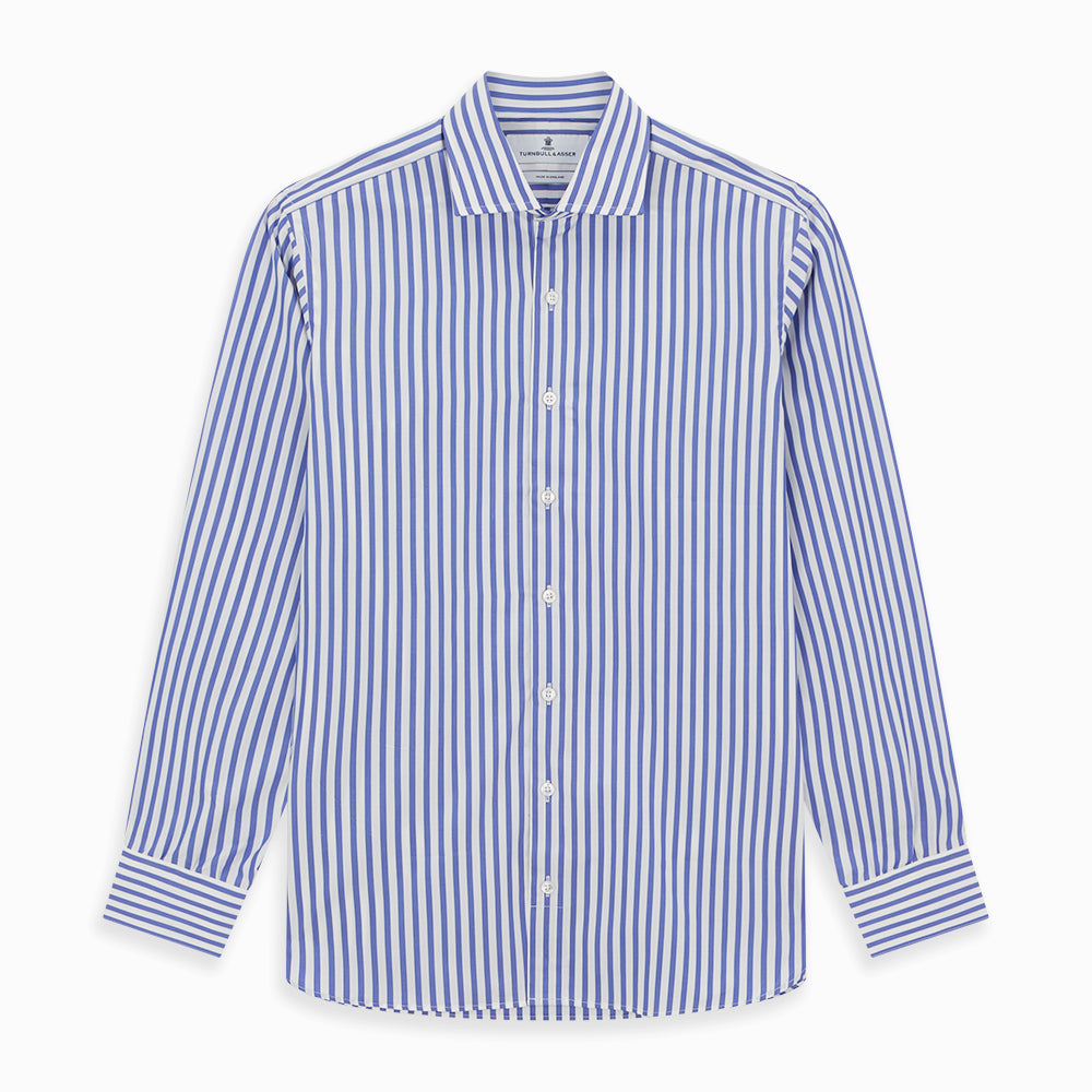 The Turnbull & Asser Tailored Fit Blue and White Candy Stripe Shirt, featuring a Kent collar and 3-button cuffs, is displayed neatly on a white background.