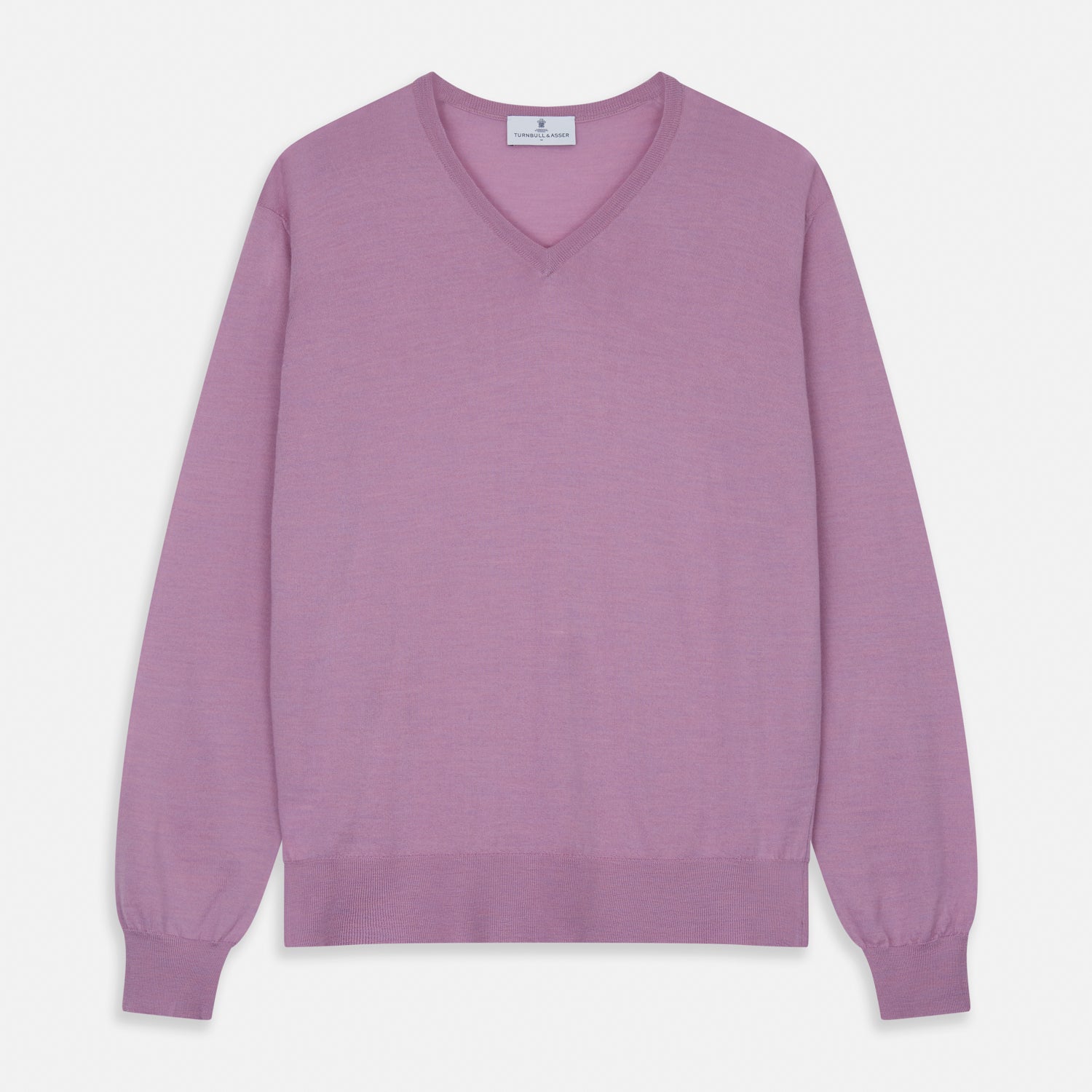View 1 of product The Pink Merino Kennedy V-Neck Jumper by Turnbull & Asser features long sleeves with ribbed cuffs and waistband, shown on a plain white background—ideal for knitwear lovers.