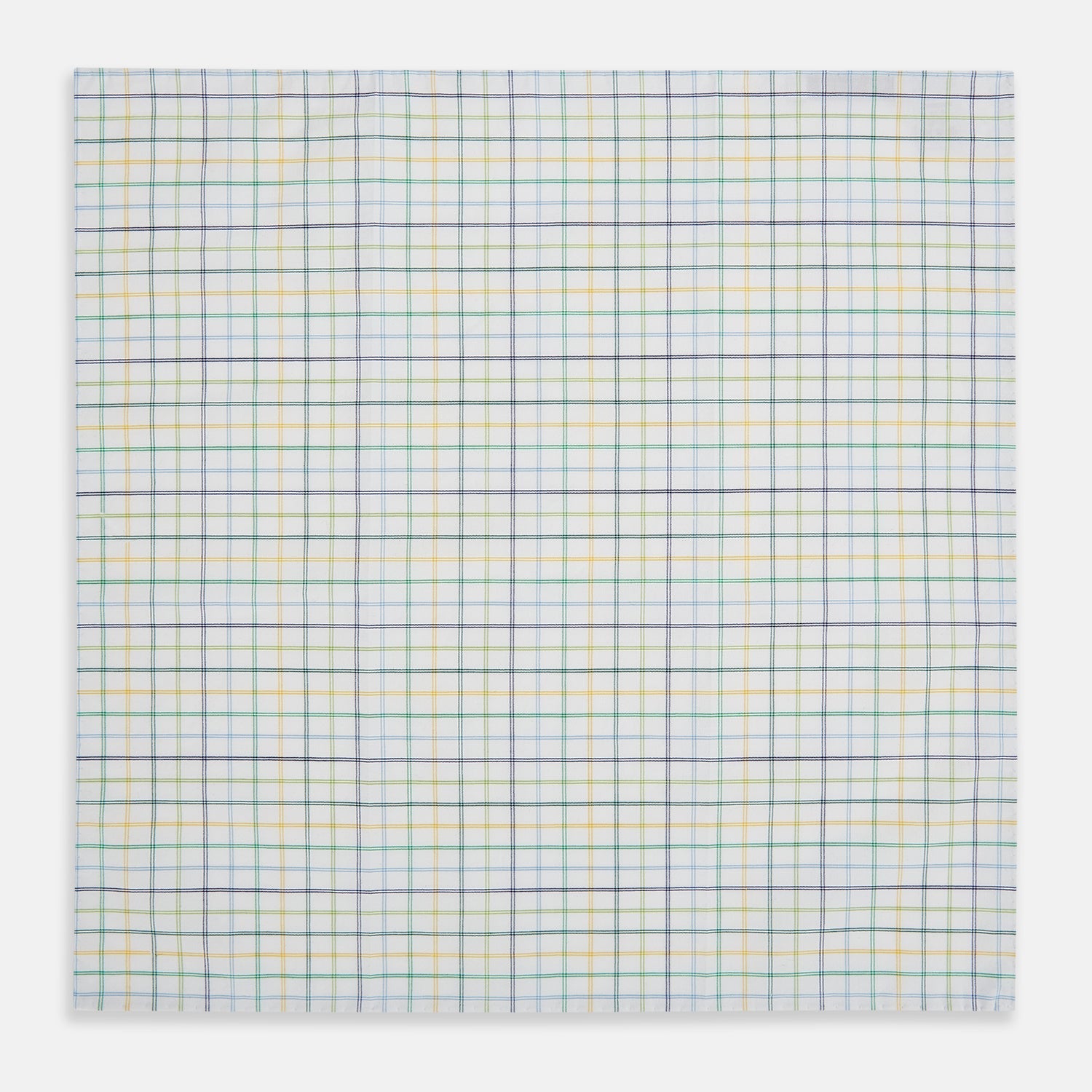 View 3 of product The Yellow Multi Double Grid Check Hand-Rolled Handkerchief by Turnbull & Asser is handcrafted in England, featuring a colorful check pattern with evenly spaced blue, green, yellow, and purple lines.