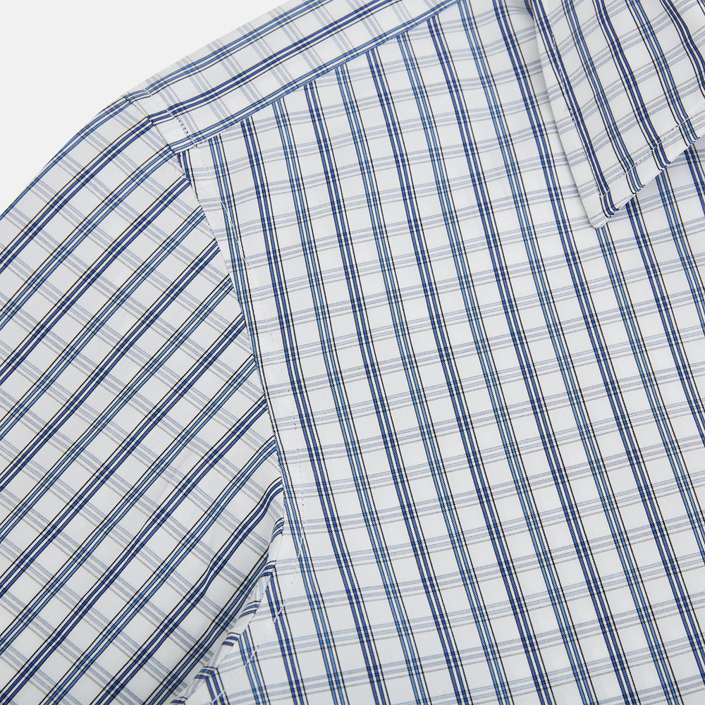 The Azzurro Multi Check Westminster Shirt by Turnbull & Asser is a long-sleeve, button-up with a white base and blue and gray checks, displayed flat against a white background.