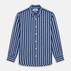 View 1 of product The Turnbull & Asser Navy Multi Stripe Cotton Weekend Fit Suffolk Shirt features vertical blue and navy stripes, a chest pocket, buttoned cuffs, and a classic buttoned Dorset collar.