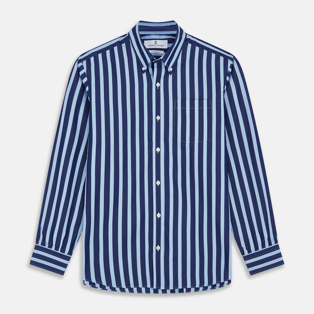 The Turnbull & Asser Navy Multi Stripe Cotton Weekend Fit Suffolk Shirt features vertical blue and navy stripes, a chest pocket, buttoned cuffs, and a classic buttoned Dorset collar.