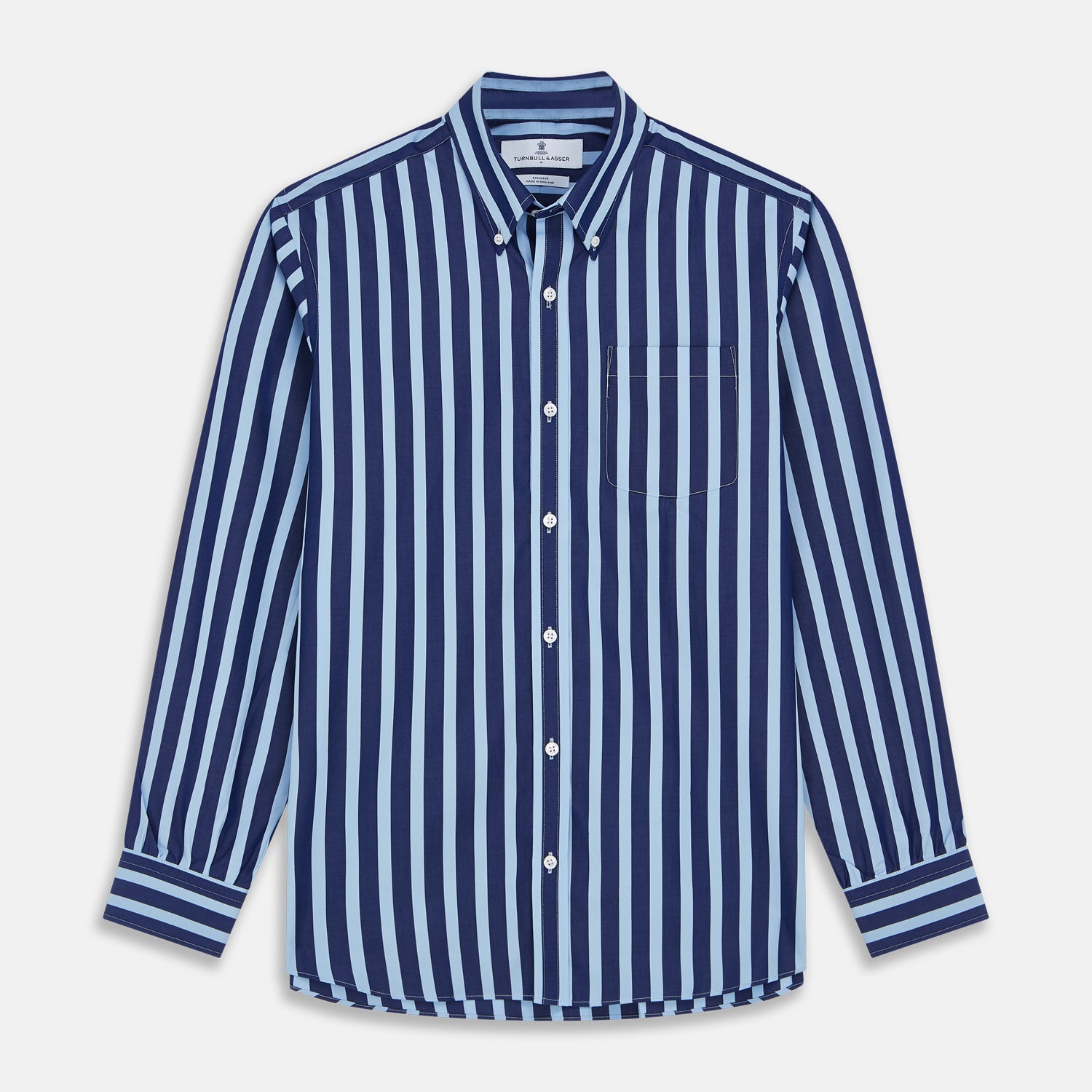 View 1 of product The Turnbull & Asser Navy Multi Stripe Cotton Weekend Fit Suffolk Shirt features vertical blue and navy stripes, a chest pocket, buttoned cuffs, and a classic buttoned Dorset collar.