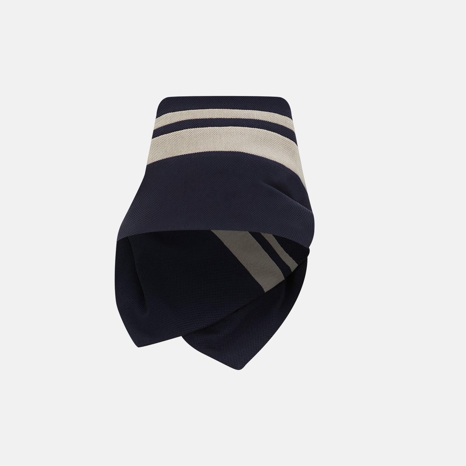 View 2 of product The Navy and Sand Stripe Neck Warmer by Turnbull & Asser features two beige diagonal stripes and a black button, draped in a V shape on a white background—an elegant formal accessory for any occasion.