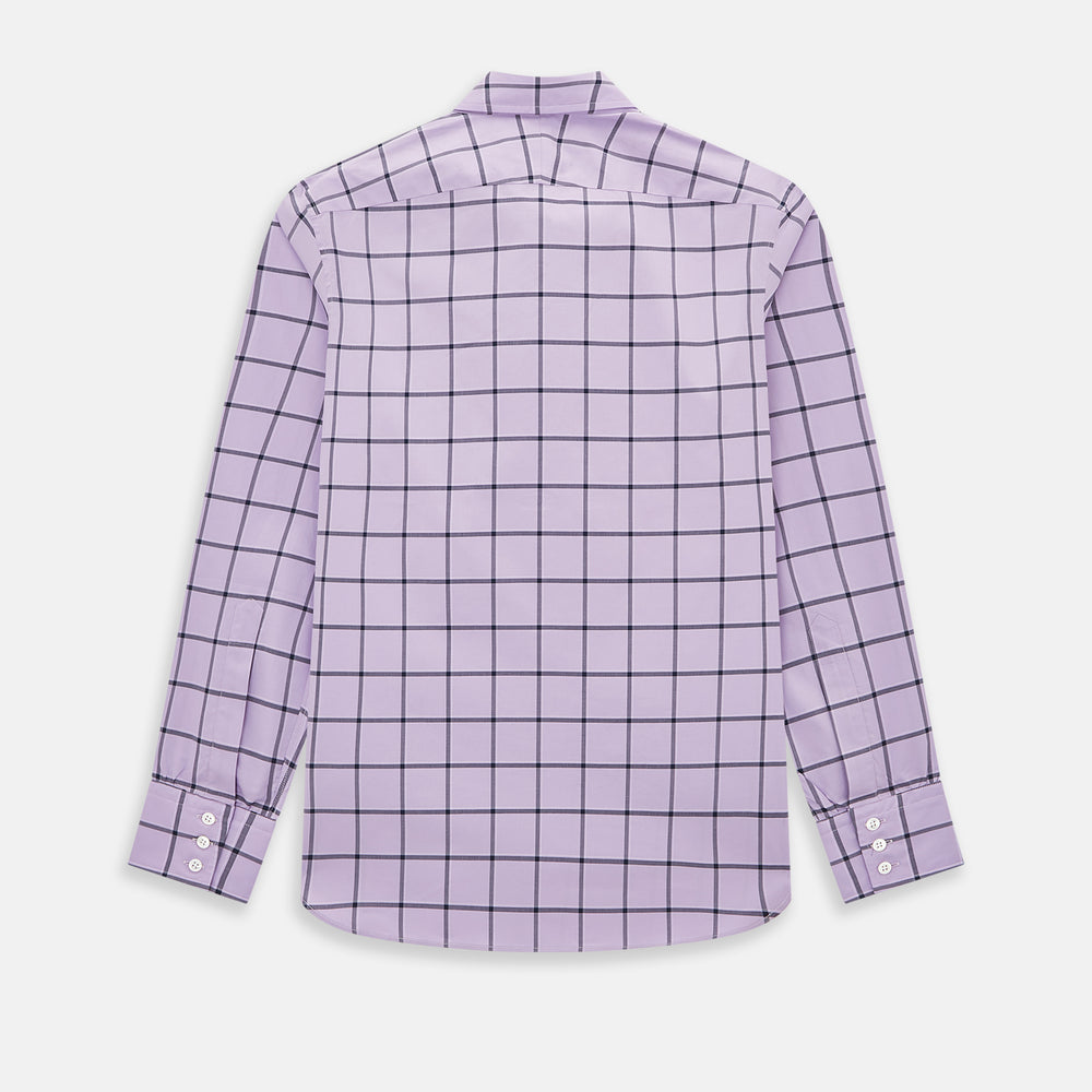 A long-sleeve, button-up Lilac Grid Check Windsor Shirt by Turnbull & Asser, featuring a black windowpane pattern and a refined Windsor collar, displayed on a plain white background.