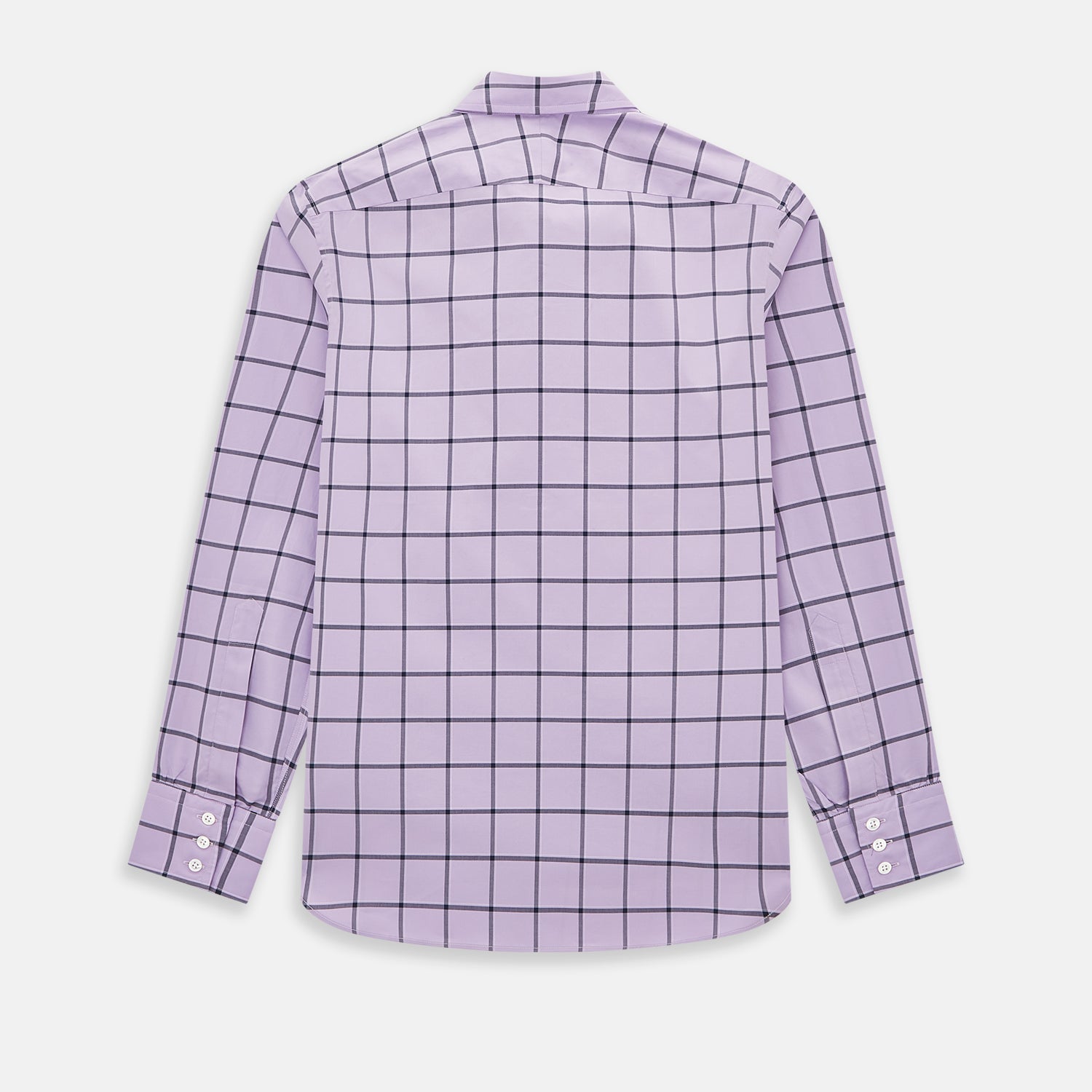 View 3 of product A long-sleeve, button-up Lilac Grid Check Windsor Shirt by Turnbull & Asser, featuring a black windowpane pattern and a refined Windsor collar, displayed on a plain white background.