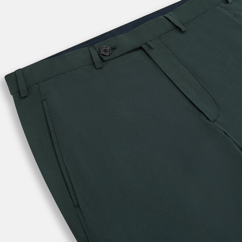 The Hunter Green Winston Trousers by Turnbull & Asser are crafted in high-twist cotton with straight legs, belt loops, button closure, and front zipper, shown against a plain light background.