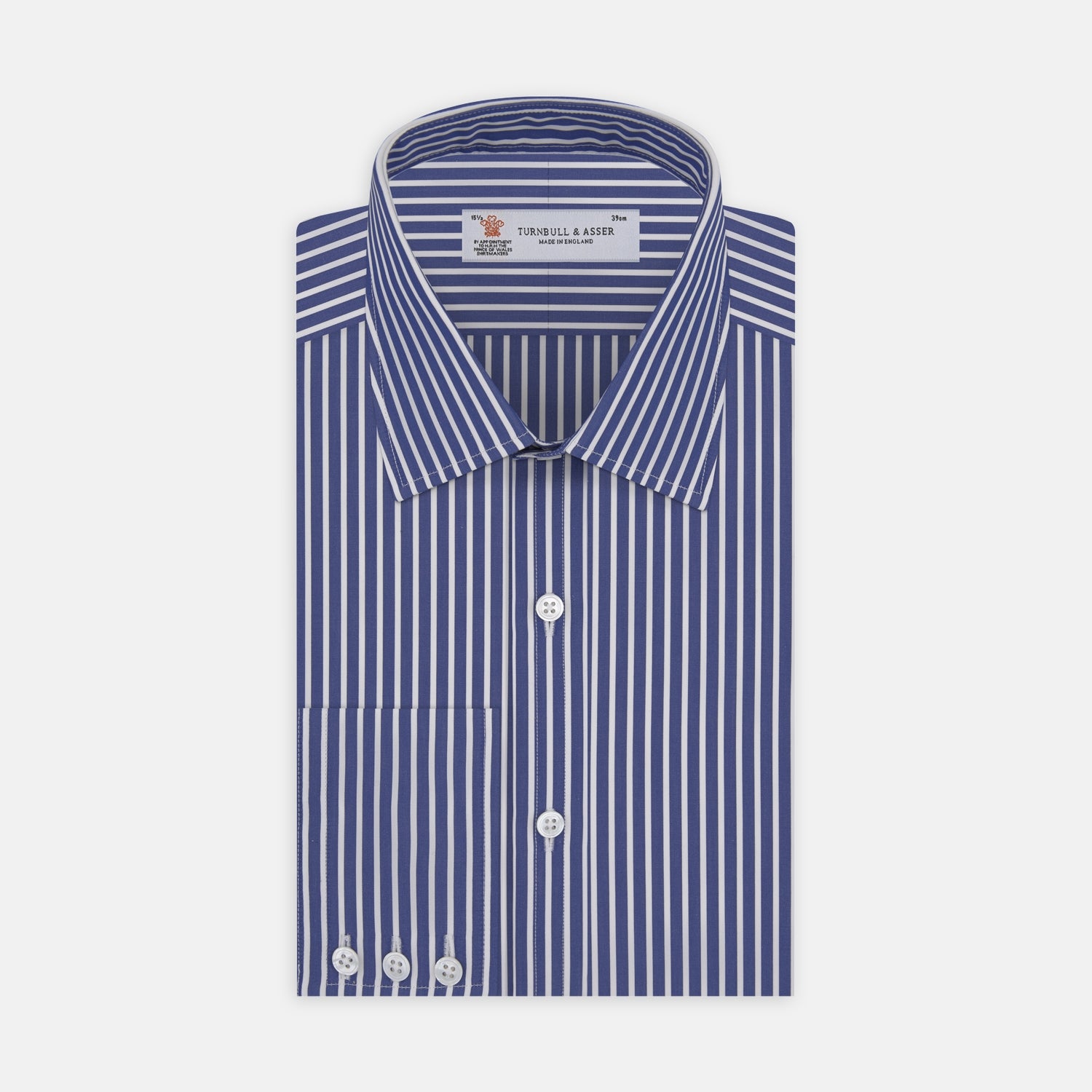 View 2 of product A close-up of Turnbull & Asser's Navy and White Deep Stripe Cotton Fabric shows vertical blue and white stripes bordered by gray, set against a light gray background.