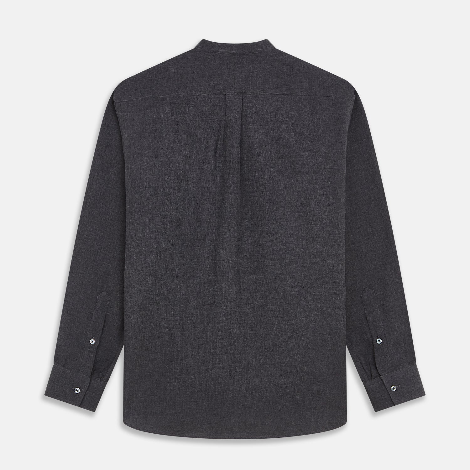 View 5 of product The Turnbull & Asser Charcoal Cotton Blend Weekend Fit Blake Shirt is a long-sleeve, stand-collar shirt with white buttons. Its minimalist design, with no pockets or patterns, makes it perfect for casual wear. Displayed flat on a white background.