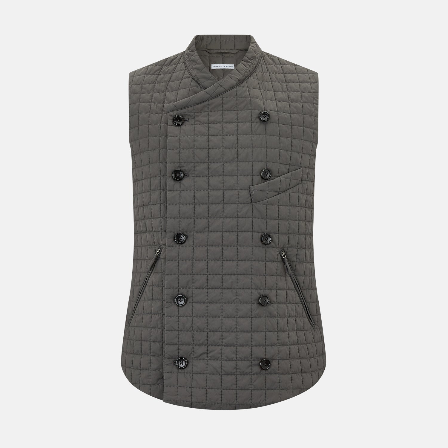 View 1 of product The Turnbull & Asser Shadow Grey Double-Breasted Quilted Gilet features a sleeveless design, asymmetrical collar, side zip pockets, slanted chest pocket, grid pattern, and modern black buttons—perfect for layered dressing.