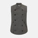 The Turnbull & Asser Shadow Grey Double-Breasted Quilted Gilet features a sleeveless design, asymmetrical collar, side zip pockets, slanted chest pocket, grid pattern, and modern black buttons—perfect for layered dressing.