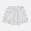 View 2 of product The Purple Multi-Stripe Godfrey Boxer Shorts by Turnbull & Asser are loose-fitting, knee-length, and made from luxury Italian cotton with vertical light blue, red, and navy stripes on a white background.