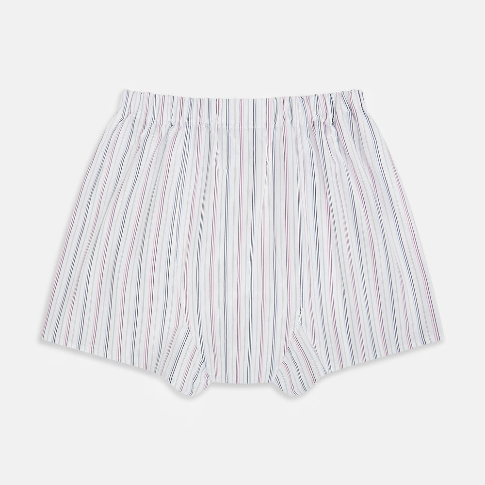 The Purple Multi-Stripe Godfrey Boxer Shorts by Turnbull & Asser are loose-fitting, knee-length, and made from luxury Italian cotton with vertical light blue, red, and navy stripes on a white background.